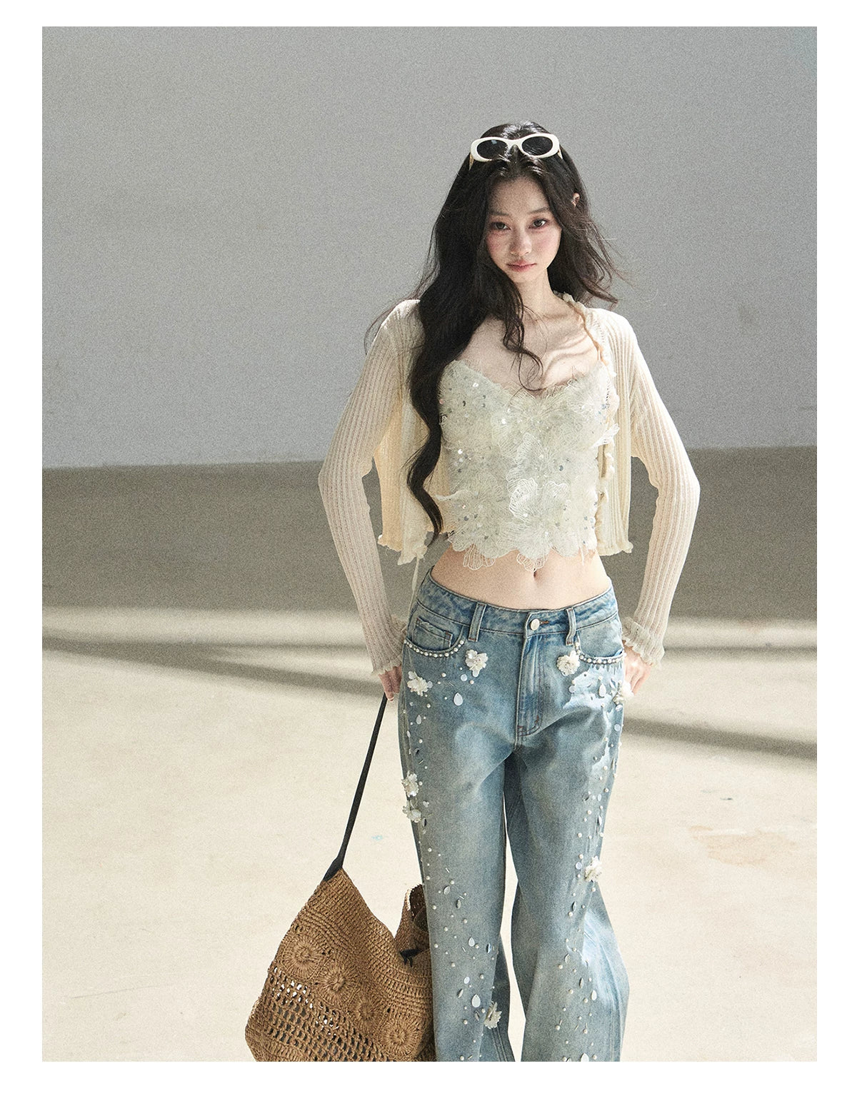 "Waiting for the Breeze" Apricot Lace Knit Cardigan & Cami Set