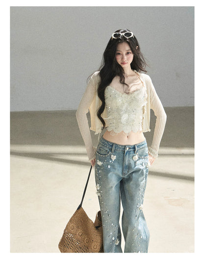 "Waiting for the Breeze" Apricot Lace Knit Cardigan & Cami Set