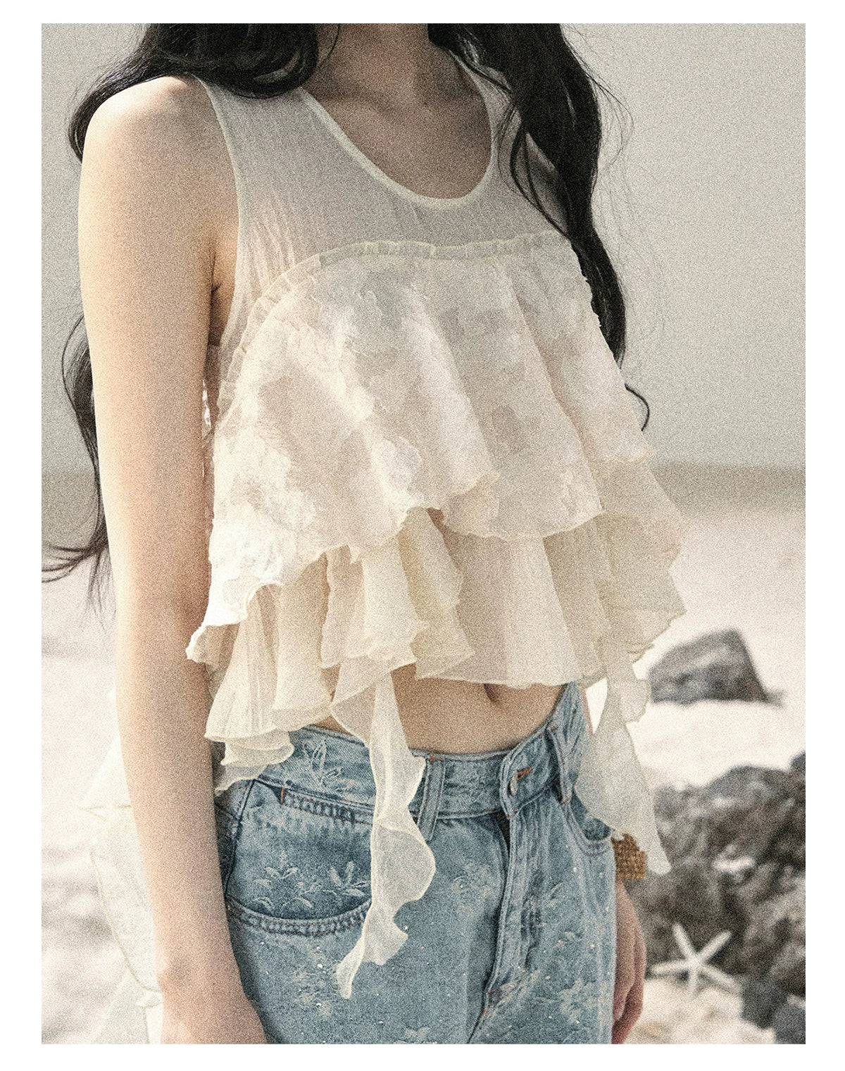 "Moonlight Across the Lake" Pale Goose Yellow Chiffon Mesh Sleeveless Crop Top