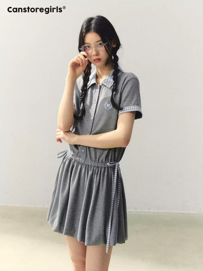 "Ivy Crest Letter" Plaid Panel Bubble Mini Dress LL2026031