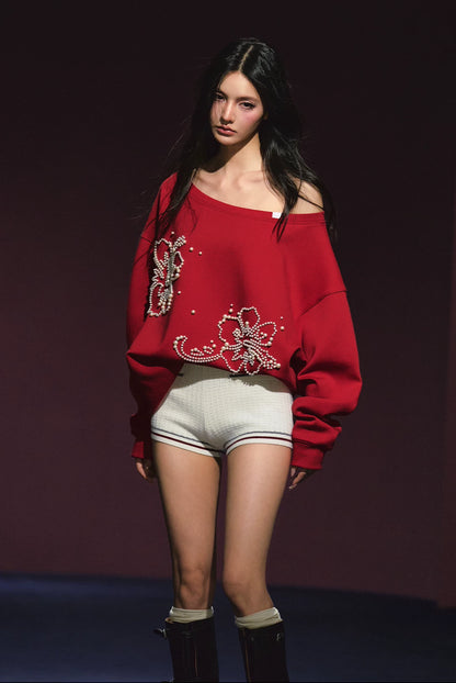 "Pearl Reverie" Pearl Embellished Convertible Off-Shoulder Sweatshirt (Red/ White)