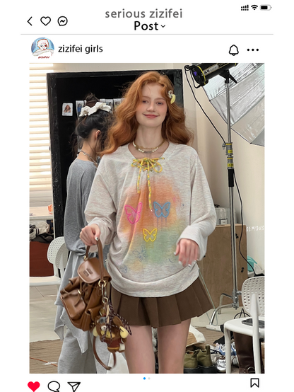 ZiziFei - Y2K Butterfly Knit Top – Rainbow Lace-Up Pullover with Heart Toggle