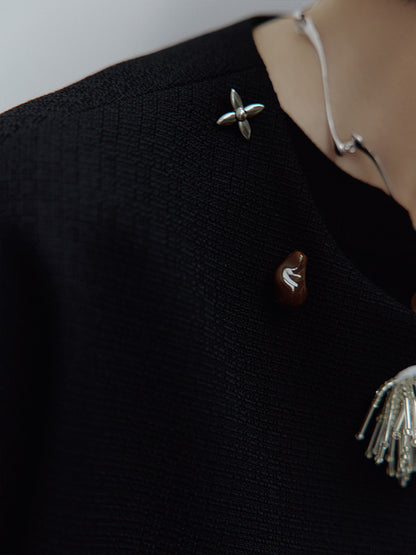 FUSSED Curious Museum Wool Tweed Jacket – Art Button Embellished in Elegant Black FOF-25SS131