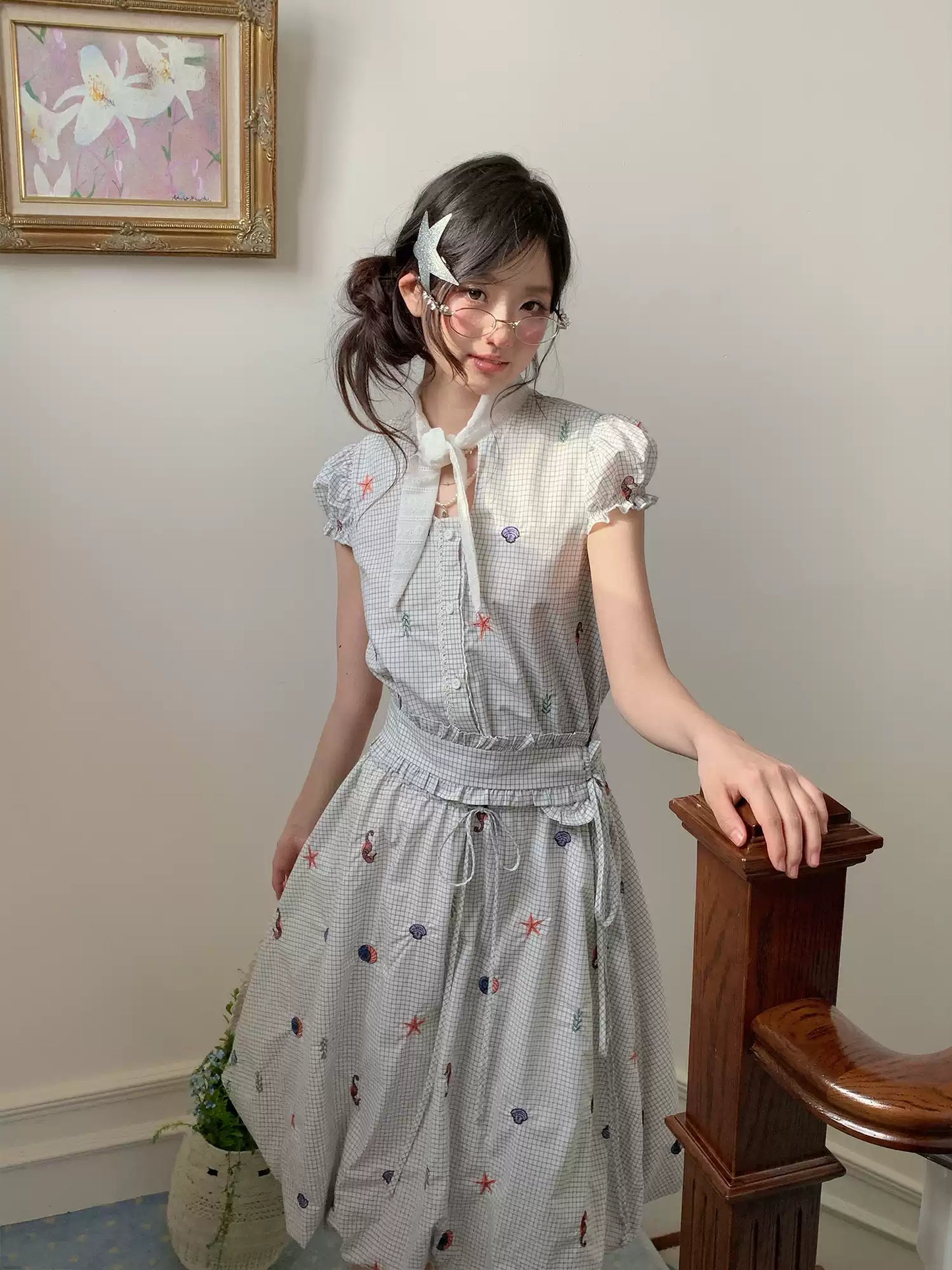 “Seaside Plaid Isle” Ocean Plaid Bubble Hem Dress