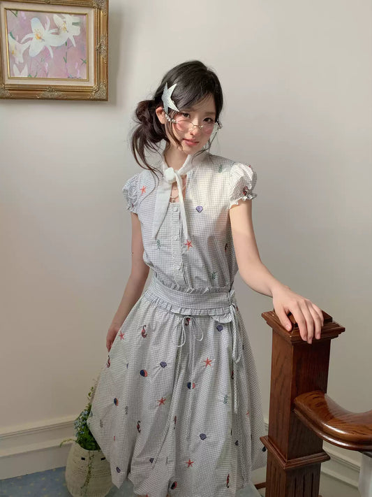 “Seaside Plaid Isle” Ocean Plaid Bubble Hem Dress