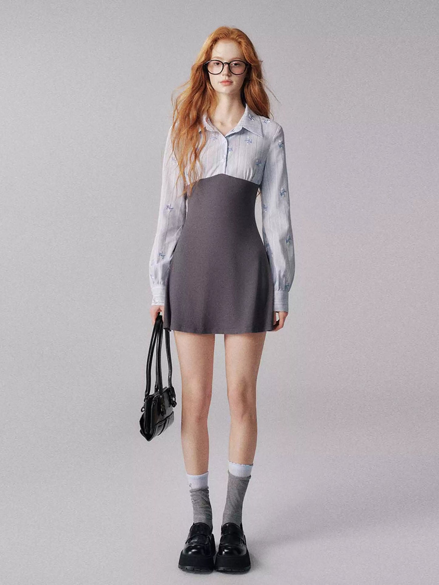 "奶油茉莉" Preppy Knit-Paneled Mini Dress