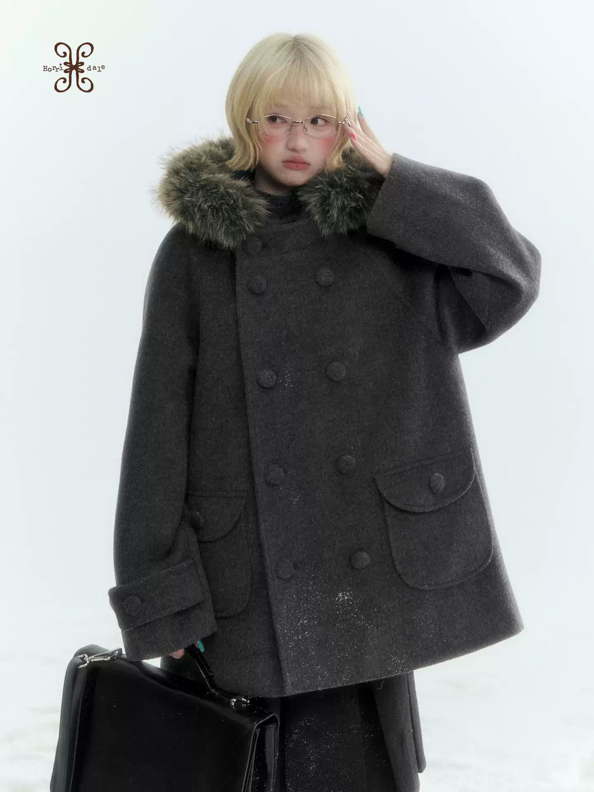 Japanese Hooded Double-Breasted Wool Coat (Deep Charcoal Gray / Taro Purple)