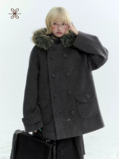 Japanese Hooded Double-Breasted Wool Coat (Deep Charcoal Gray / Taro Purple)