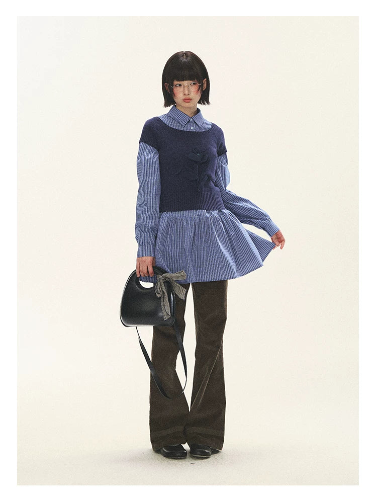 "Holiday Blues" Blue Plaid Bow Shirt Mini Dress