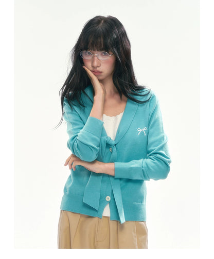 [CAN] Bow Embroidery Knit Cardigan (Blue / Yellow)