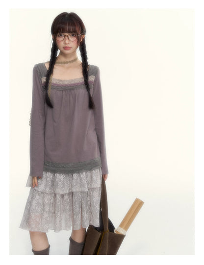 Gray Purple Lace-Trimmed Square-Neck Long-Sleeve T-Shirt