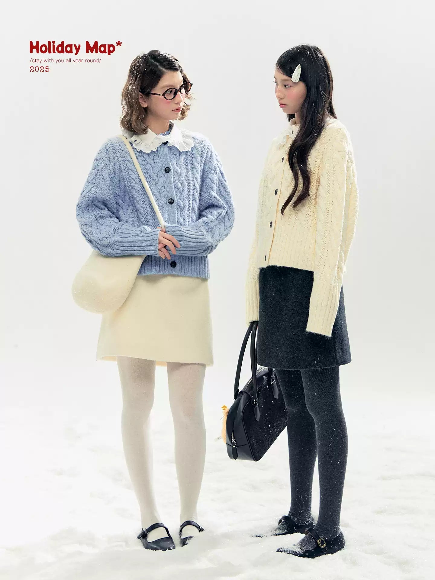 "Cotton Mousse" Cable Knit Cardigan with Detachable Ruffle Collar (Cotton Blue/ Soft White)
