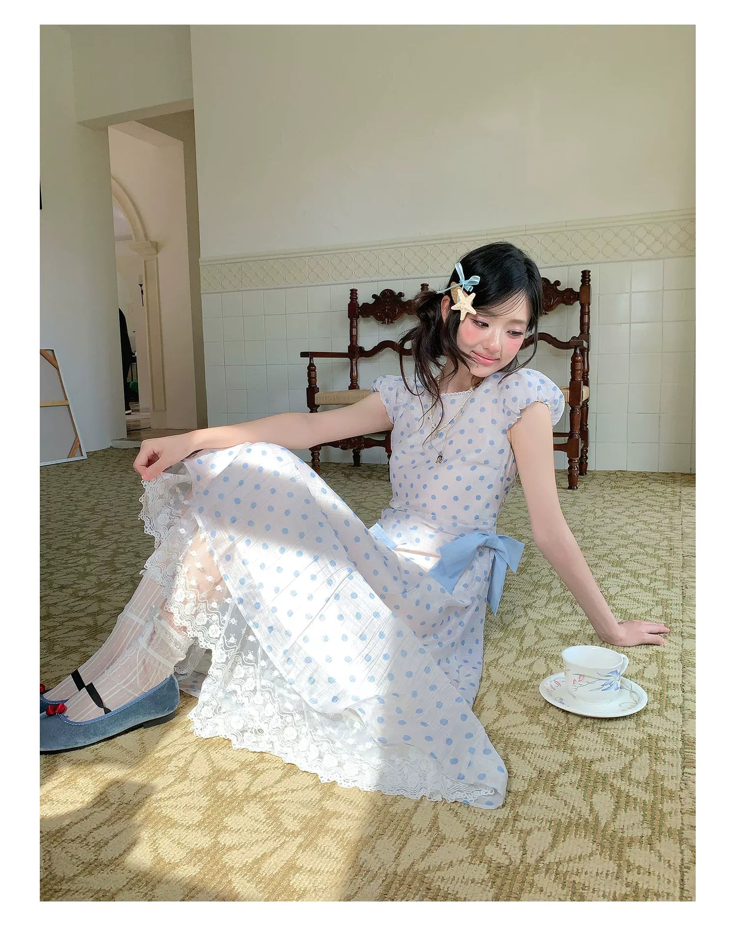 “Blue Mist Polka Reverie” Mist Blue Bow Lace Dress