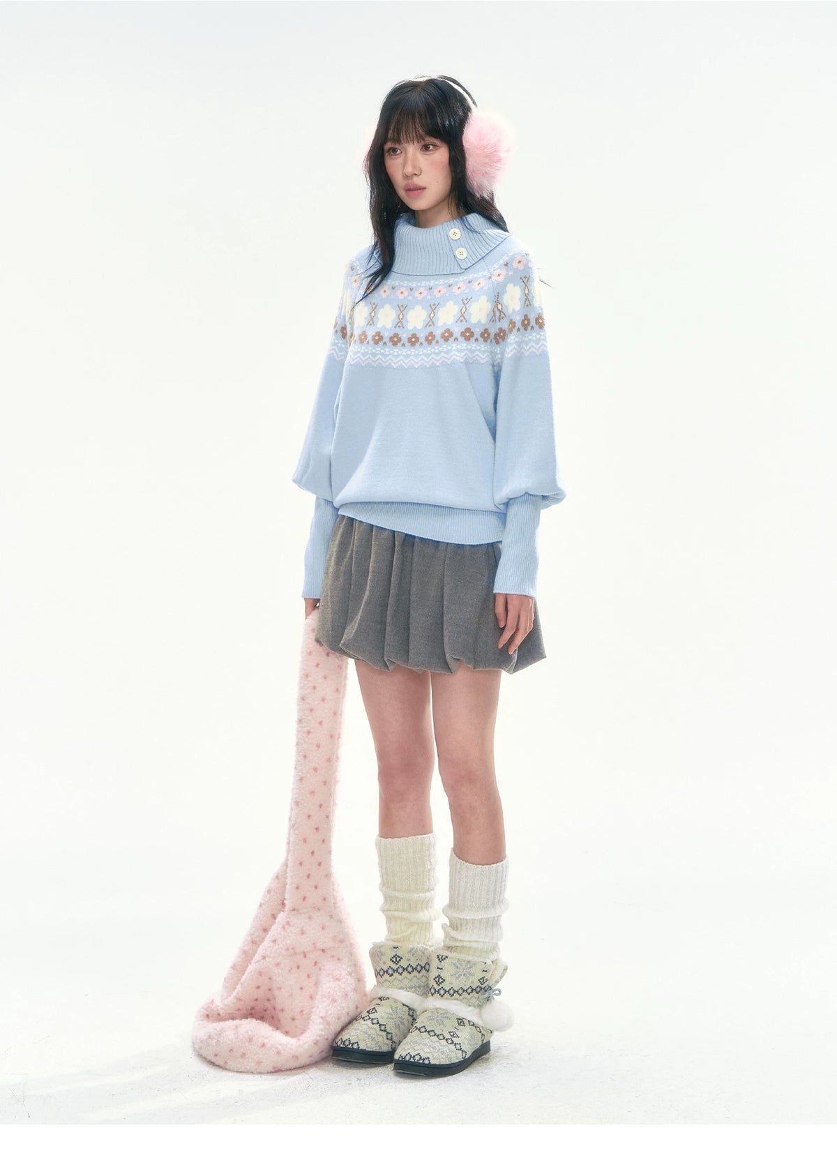 [CAN] Light Blue Floral Fair Isle Knit Sweater