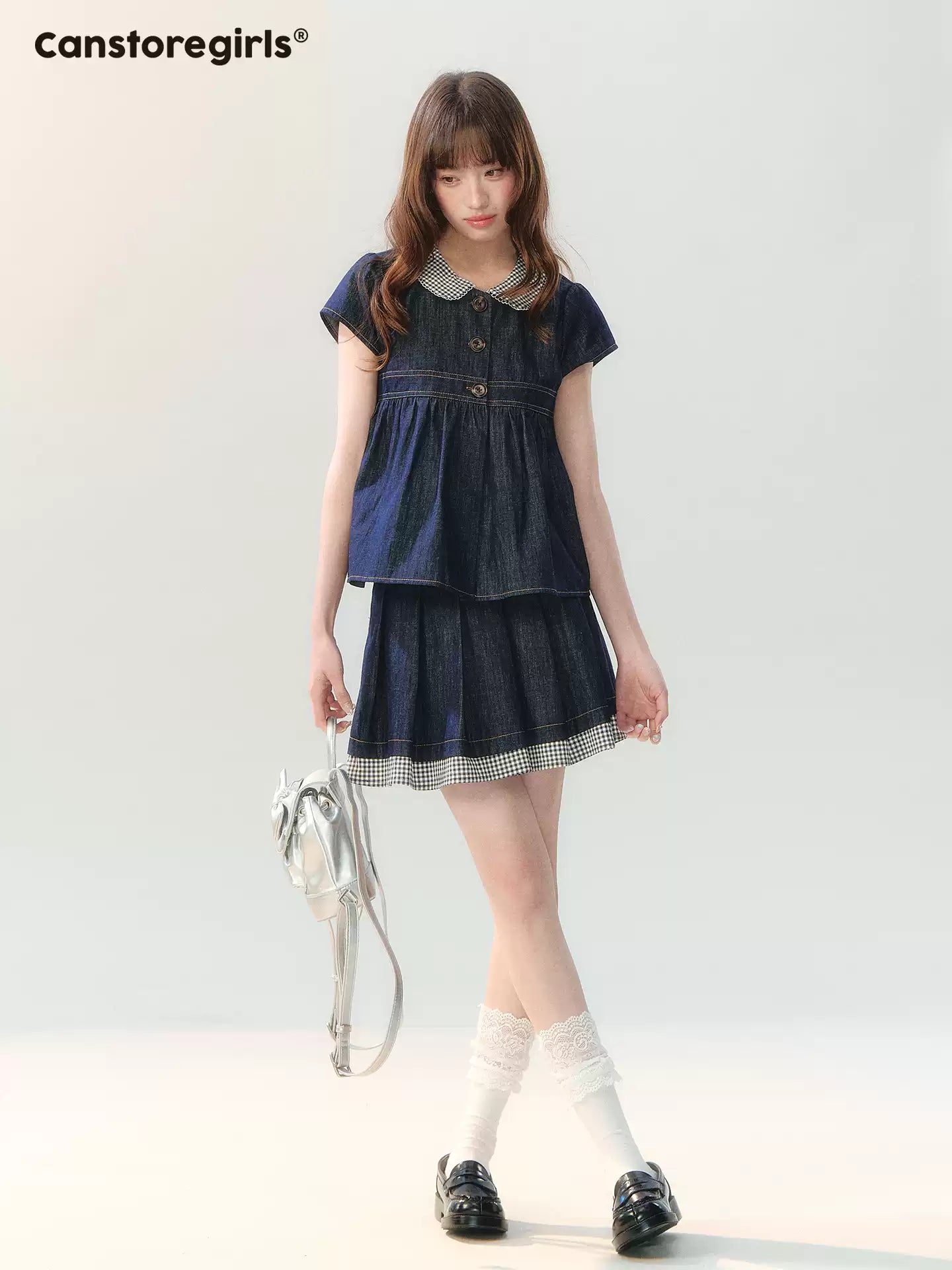 "Denim Check Prelude" Indigo Denim Three-Piece Set