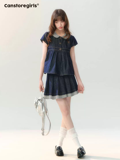 "Denim Check Prelude" Indigo Denim Three-Piece Set