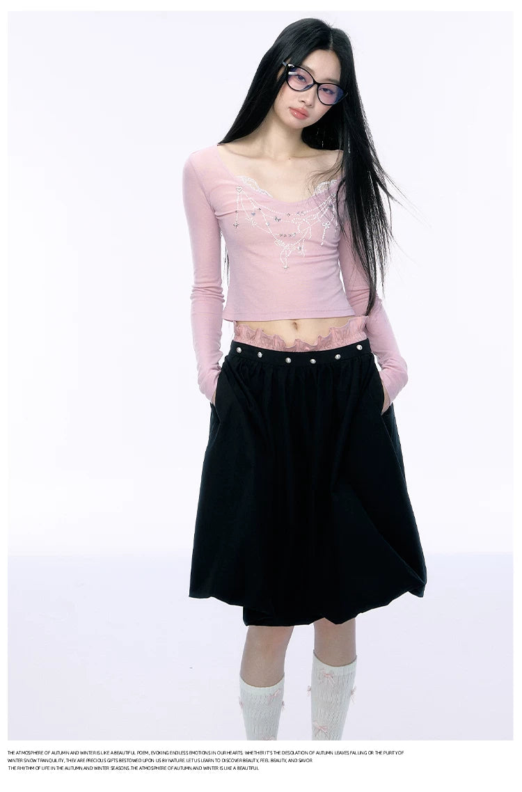 JN's DESIGN - Fitted Lace Long-Sleeve Top with Pearl Rhinestones
