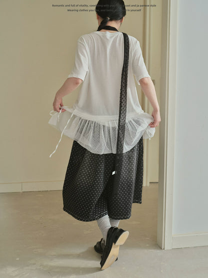"Dot Veil" Polka Dot Mesh Panel T-Shirt (White / Gray)