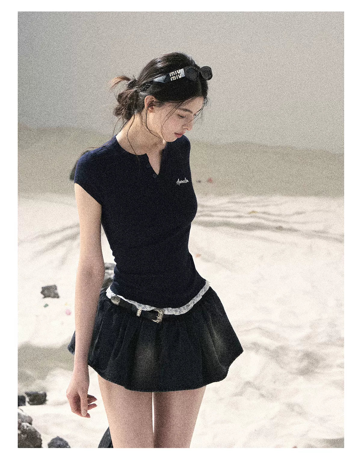"Letter from the Tides" Navy Blue Faux Two-Piece Lace Waist-Fit Crop Top 452436