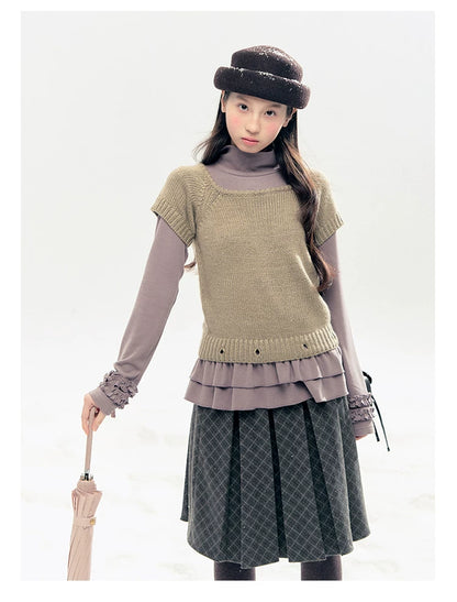 "Lavender Mist" Smoky Mauve Ruffle Ruched Turtleneck Knit Top