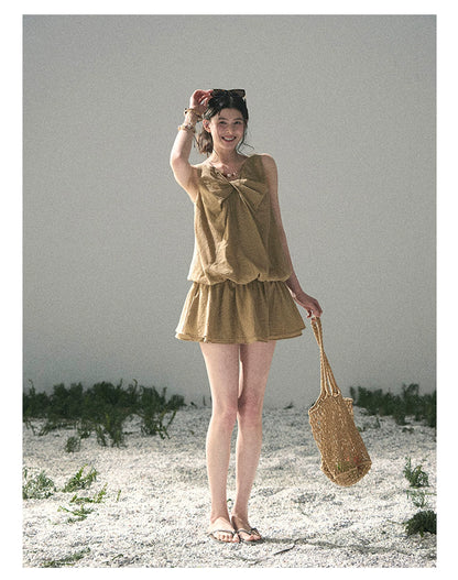 “Whispering Grass” Milk Tea Twist Mini Dress