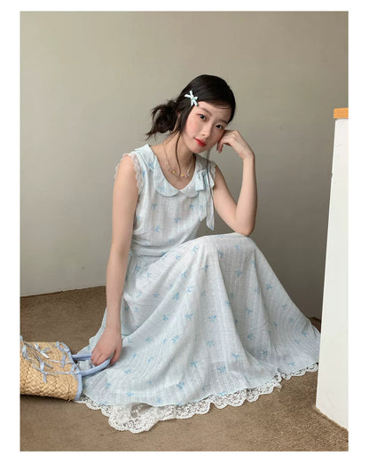 [RF] “Blue Ribbon Whisper” Blue Bow Print Lace-Trim Sleeveless Dress