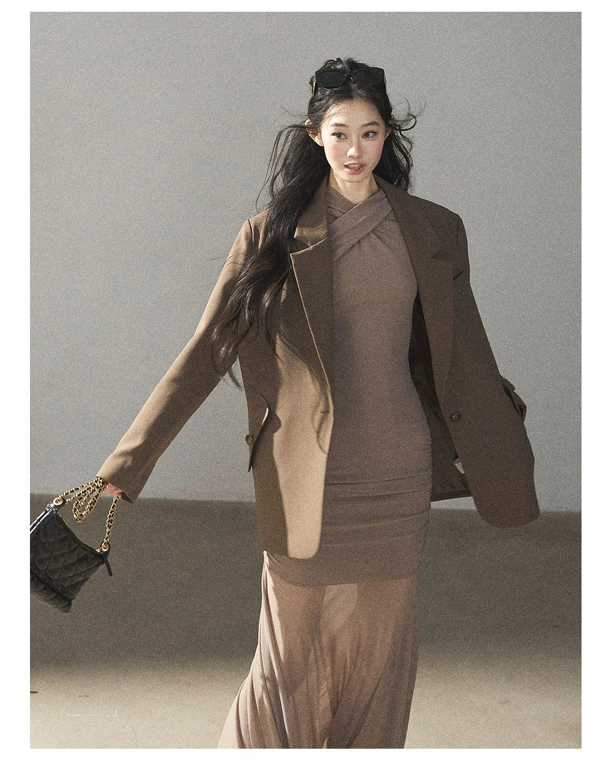 AOMALM - Milk Tea Ruched Mesh Mermaid Maxi Dress