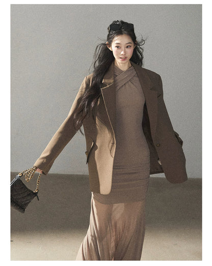 AOMALM - Milk Tea Ruched Mesh Mermaid Maxi Dress