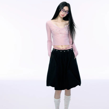 JN's DESIGN - Black Bubble Hem Skirt with Pearl Button Detail