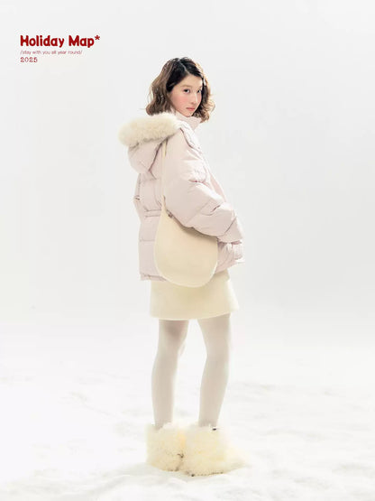 "Morning Mist" A-Line Wool-Blend Mini Skirt (Mist Gray/ Cream Beige)