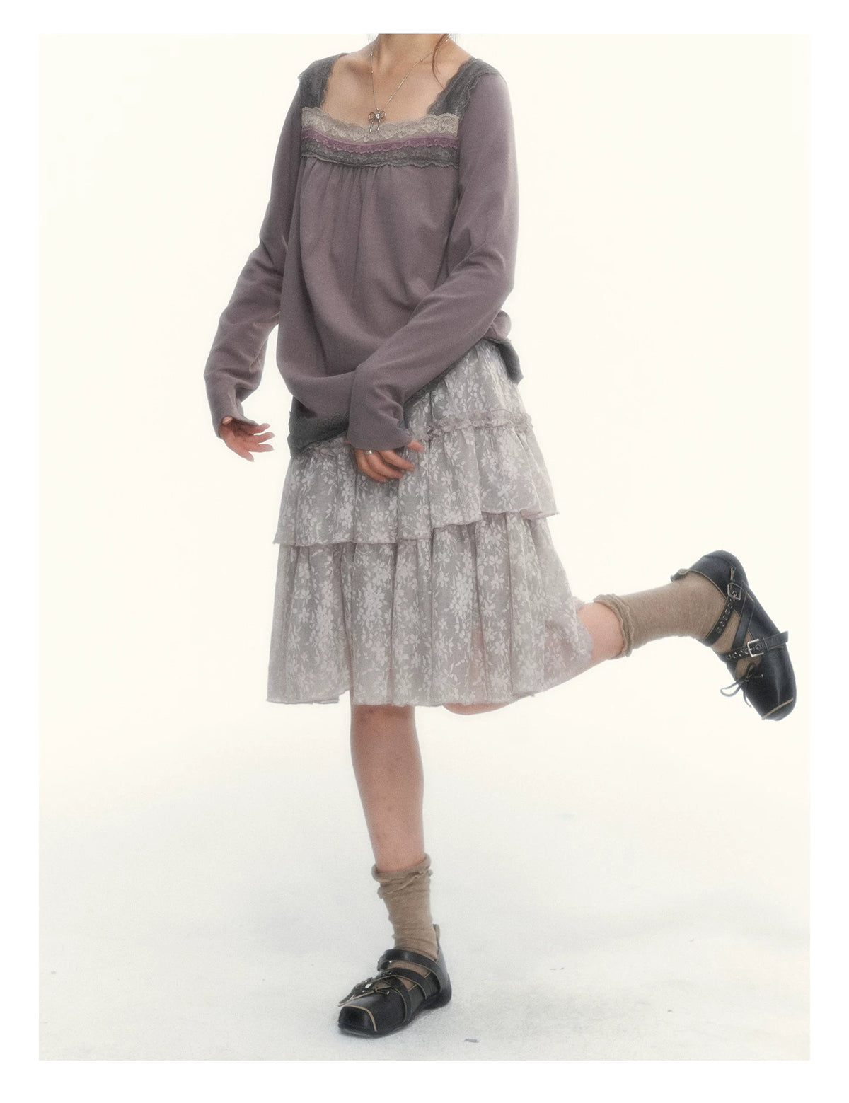 Misty Gray Pink Vintage Lace Tiered A-Line Skirt