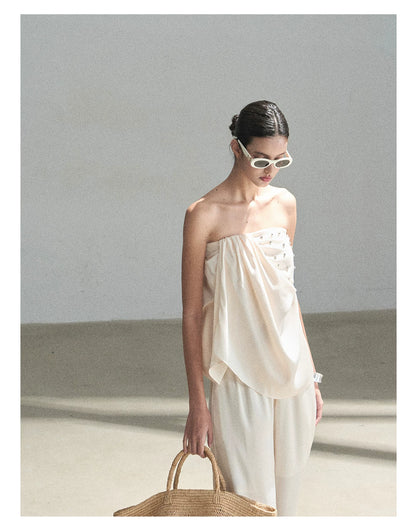 "Summer Rain at Dusk" Cream Beige Satin Two-Piece Set