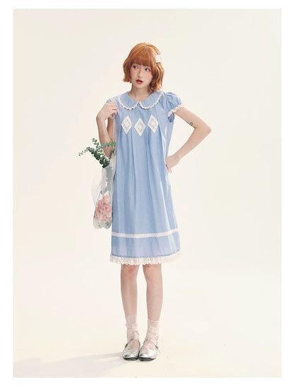 "Sweet Tea Doll" Haze Blue Lace Puff Sleeve Peter Pan Collar A-Line Dress
