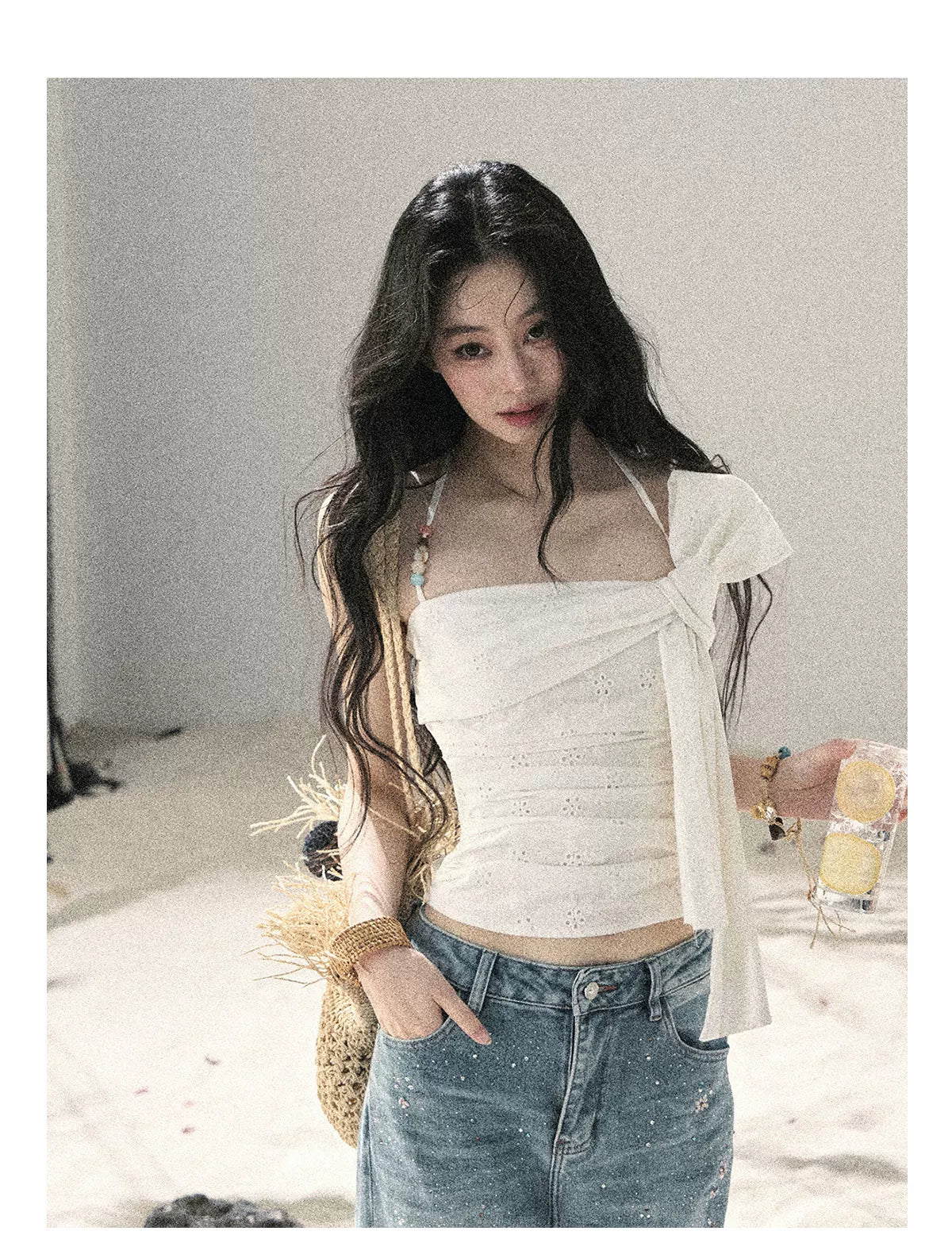 "Fragments of Tenderness" Frost White Halter Twist Crop Top