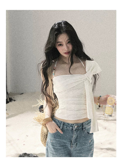 "Fragments of Tenderness" Frost White Halter Twist Crop Top