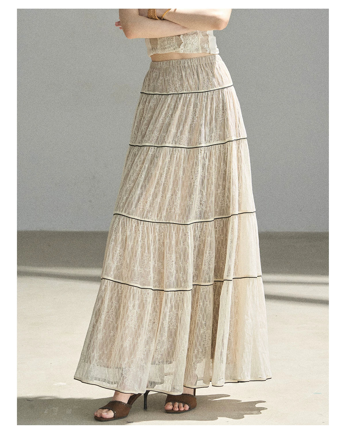 "Mist Through the Woods" Creamy Apricot White Lace Maxi A-Line Skirt