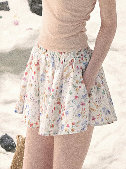 "Blooming Floral Reverie" Cream Ivory Floral A-Line Mini Skirt