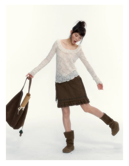 “Everyday Mist” Jacquard Lace Layering Top ( Ivory / Fog Gray )