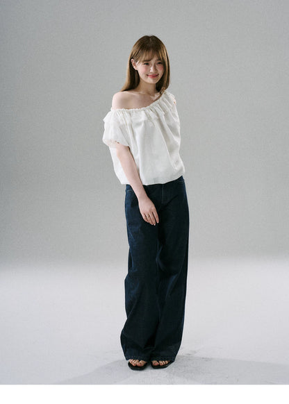 LOST FOREST - Natural Linen-Blend Drawstring Shoulder Top