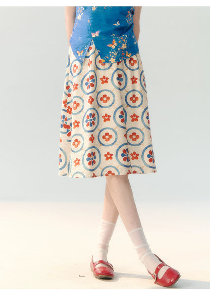 "Garden Letter" Blue Floral New Chinese Two-Piece Skirt Set
