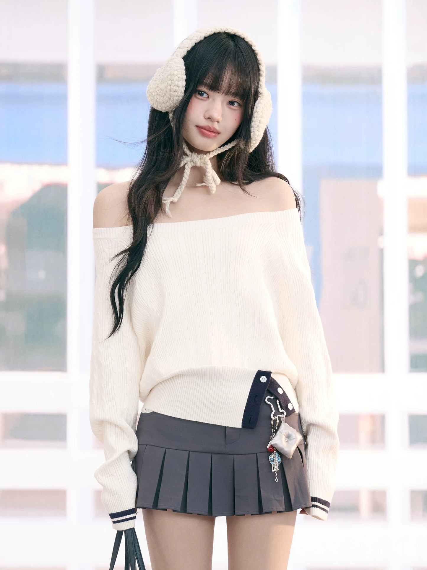 "Soft Muse" White Off-Shoulder Cable Knit Top