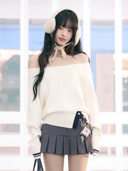 "Soft Muse" White Off-Shoulder Cable Knit Top