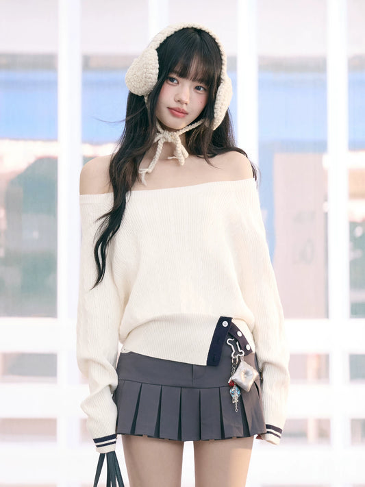 "Soft Muse" White Off-Shoulder Cable Knit Top