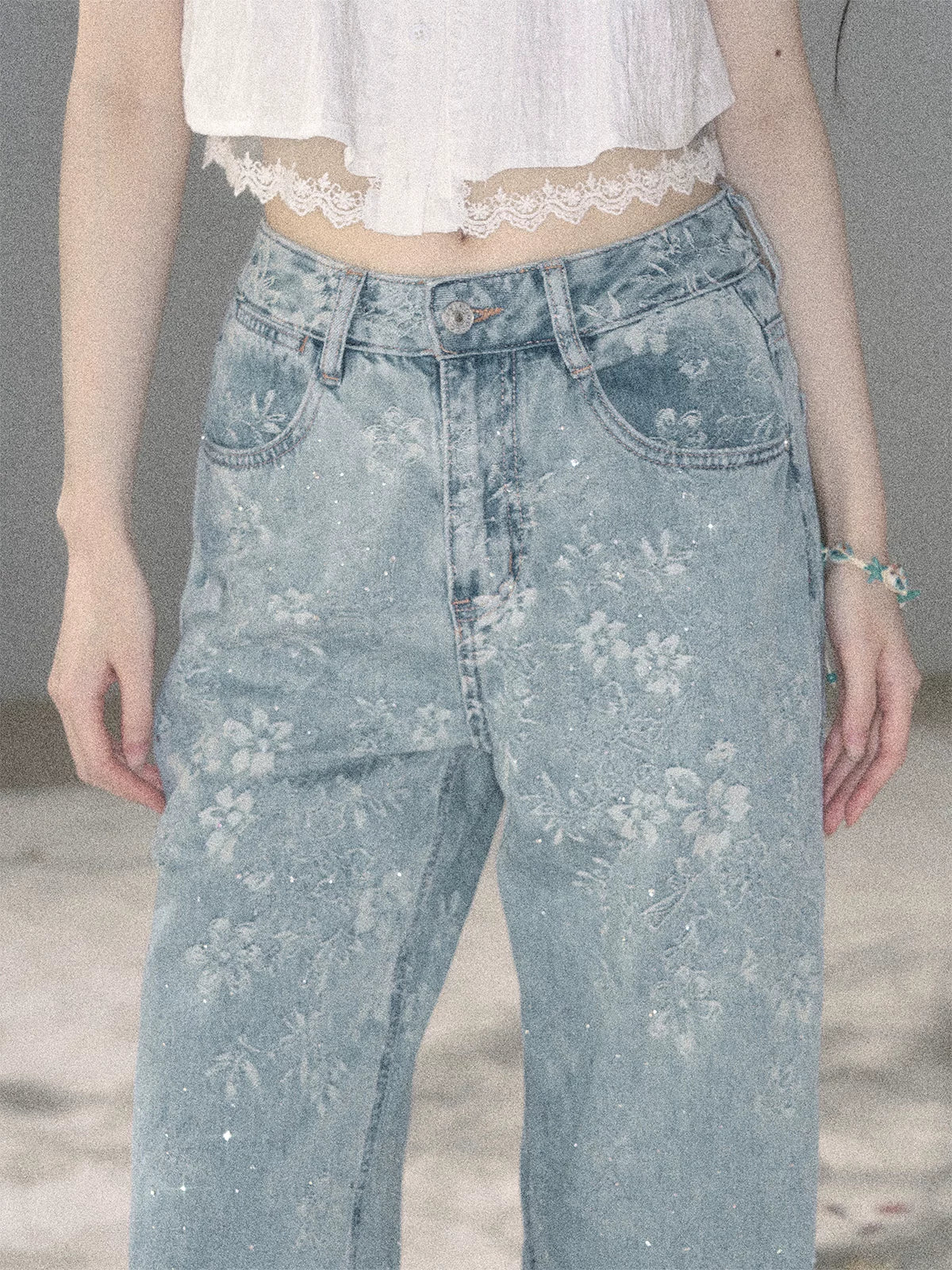 "Twinkling Starlight" Sky Blue Floral Rhinestone Wide-Leg Jeans