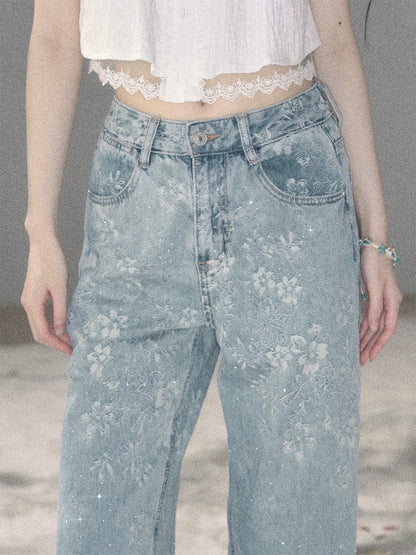 "Twinkling Starlight" Sky Blue Floral Rhinestone Wide-Leg Jeans