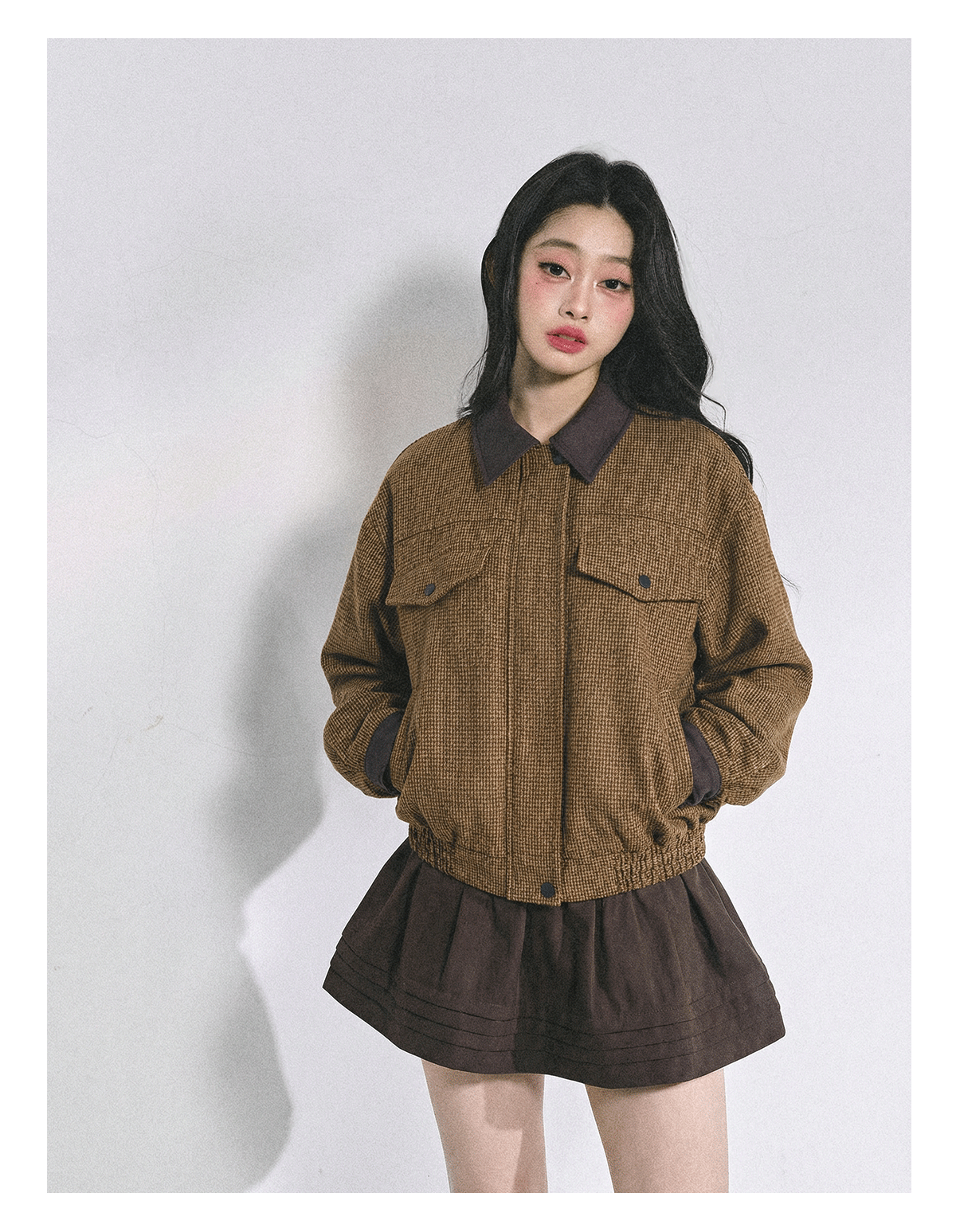 少也眼 "Falling Wutong Leaves" Hepburn Wool Tweed Two-Piece Set - Coffee Brown