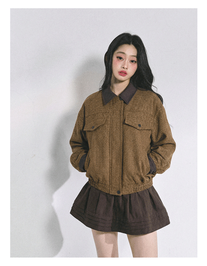 少也眼 "Falling Wutong Leaves" Hepburn Wool Tweed Two-Piece Set - Coffee Brown
