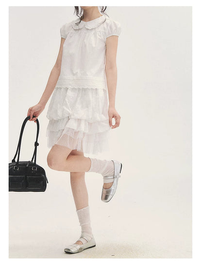 "Black & White Sonata" Polka Dot Mesh Tiered Jellyfish Skirt (White/ Black)