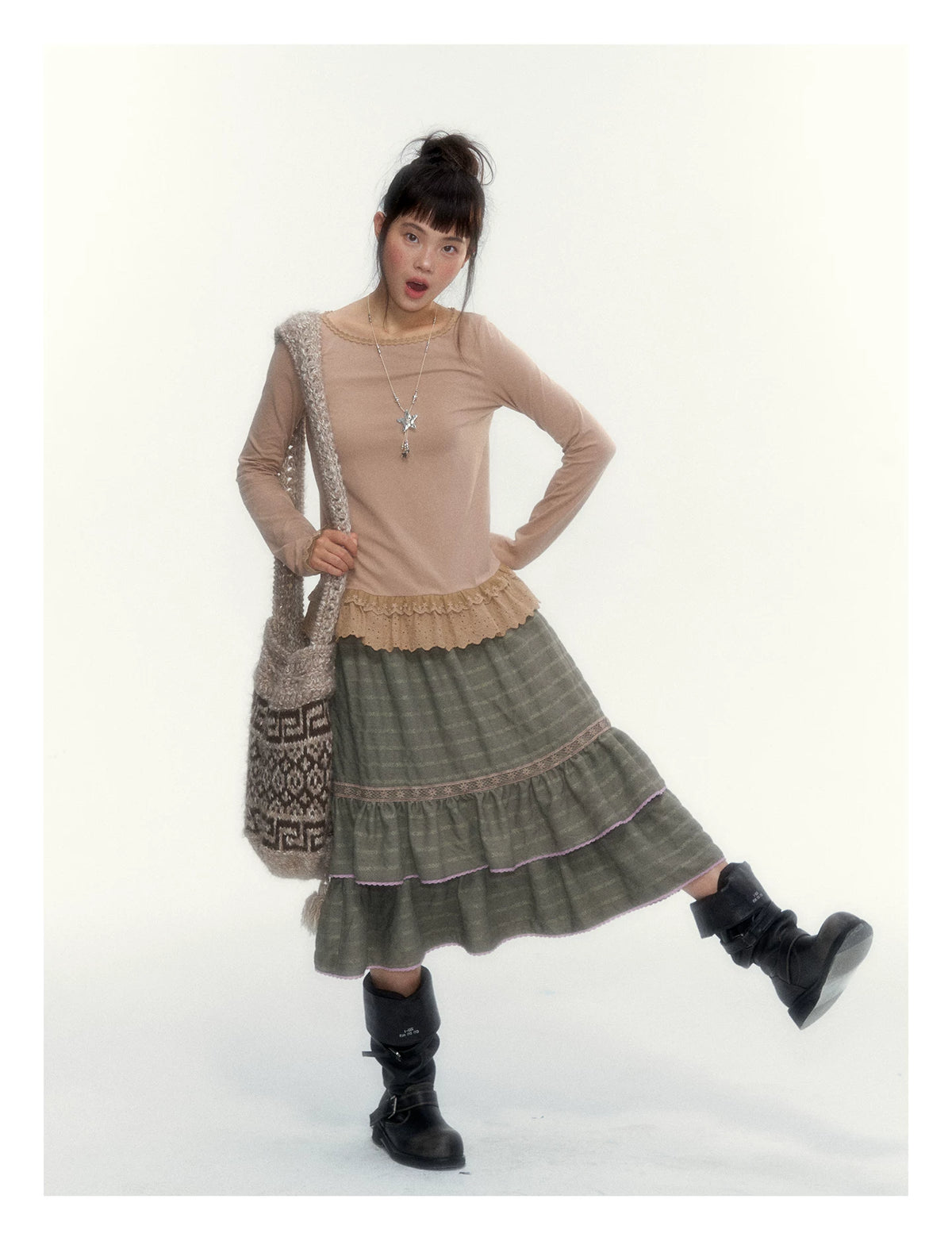 Dried Grass Green Vintage Lace Tiered A-Line Skirt