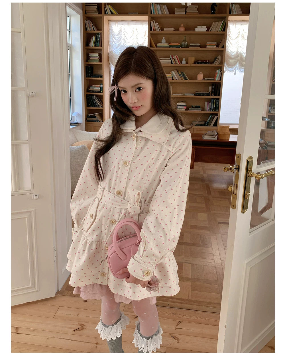 “Sweetheart Whisper” Beige Apricot Heart Print Midi Dress